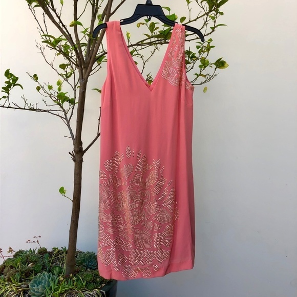 🎇NWT Trina Turk Gold Studded Silk Dress in Coral - Picture 2 of 6